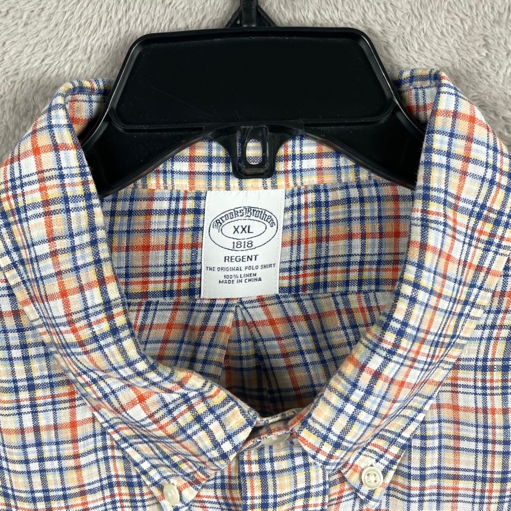 Brooks Brothers Shirt Men 2XL Blue Orange Plaid 100% Linen Short Sleeve Button - Picture 6 of 8